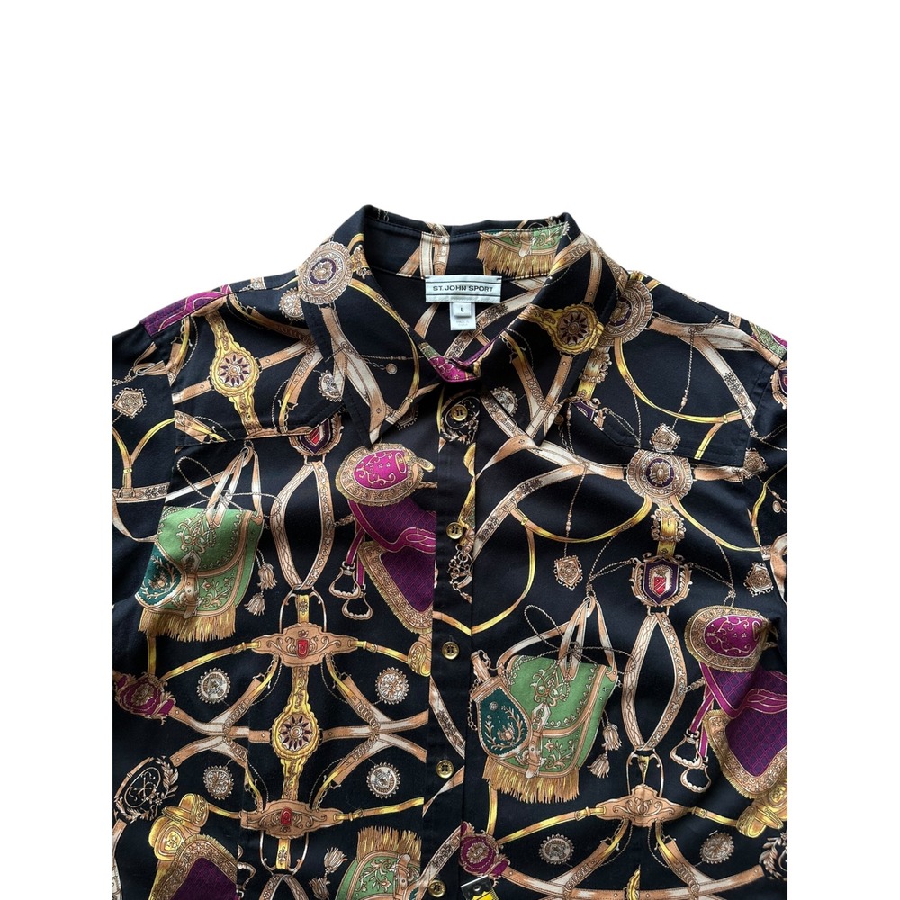 St. John Sport Vintage Equestrian Chain Print Button Down Shirt L Heritage - Picture 4 of 11